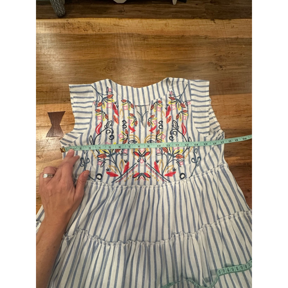 Handmade Coastal Dress Blue White Stripe Cotton Floral - Picture 8 of 12